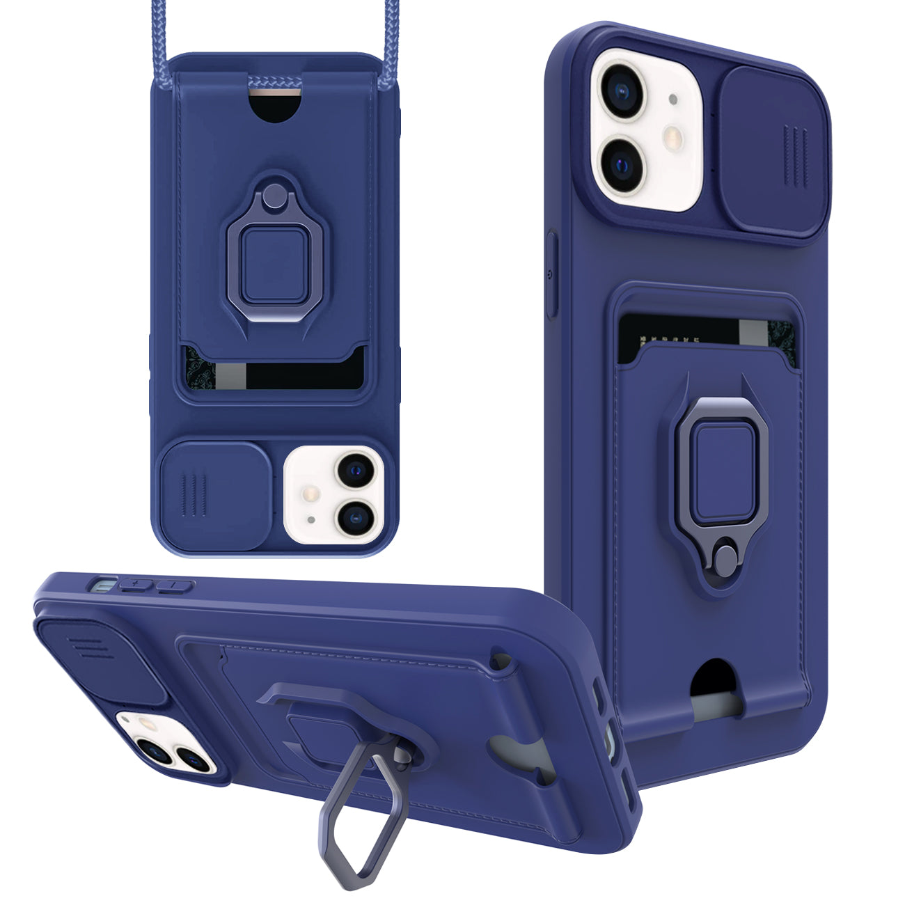 High Quality iPhone 12 Case with Camera cover, Kickstand, Slide lens protection, Magnetic ring stand, Crossbody strap and Card holder In Navy